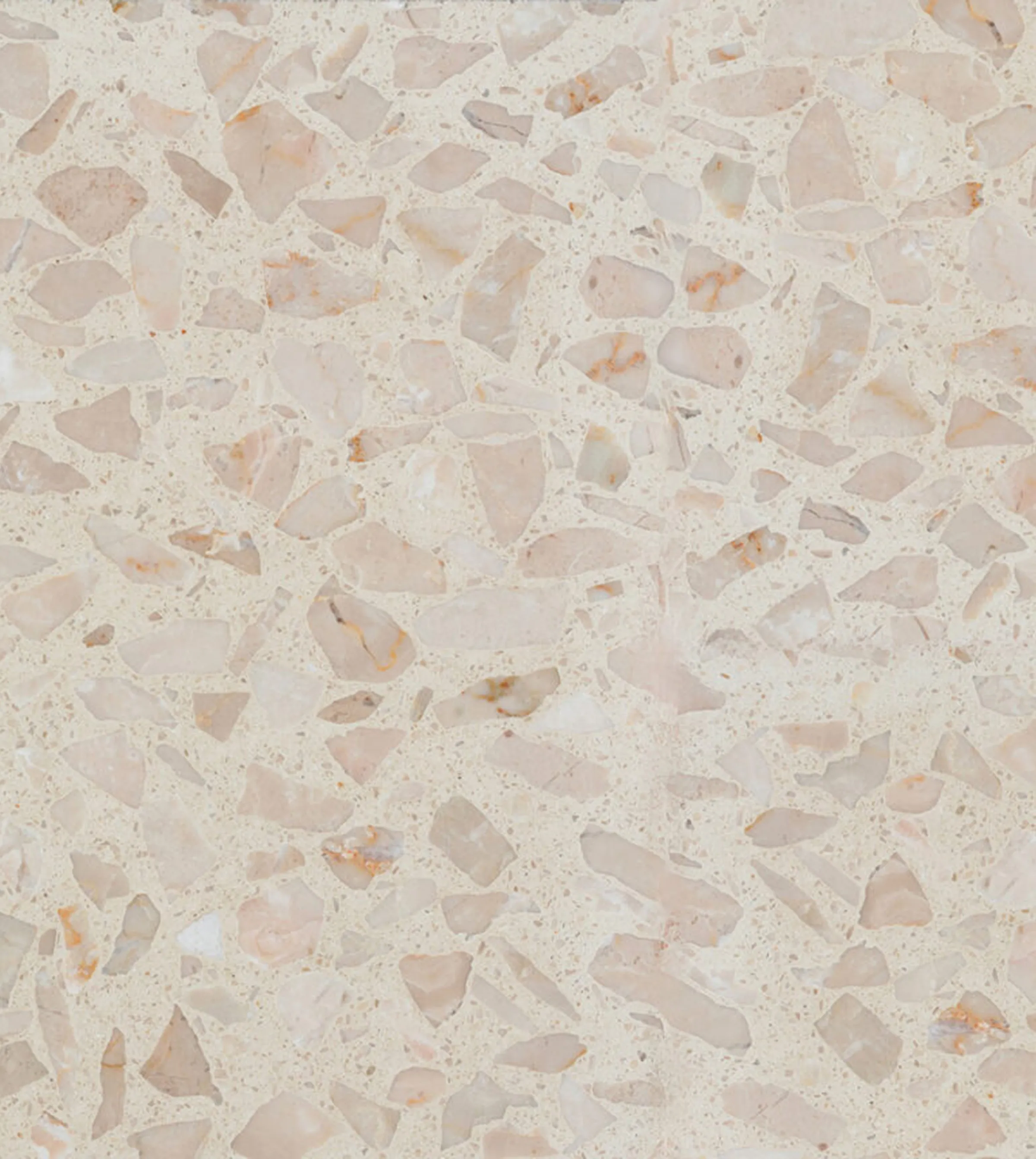 Campione texture Terrazzo alla Veneziana AGGLOTECH REG 6405 Modern Classic: fondo avorio caldo con inserti in marmo rosato e arancio di grandi dimensioni – materiale per pavimenti e rivestimenti di design residenziale e commerciale