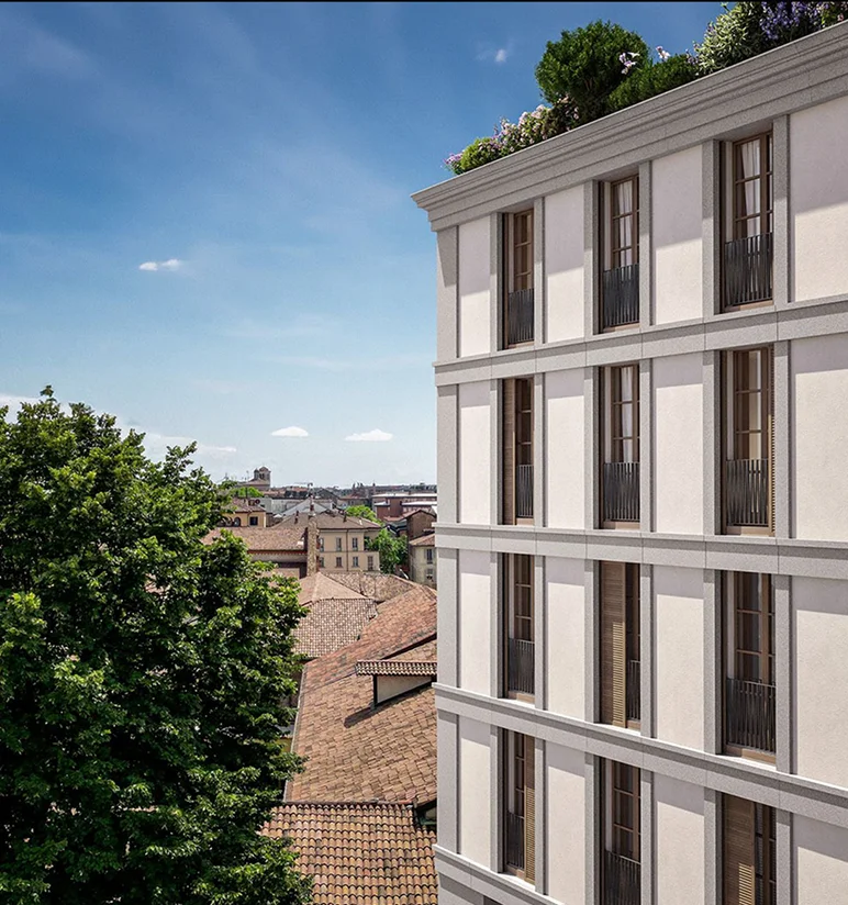 Render della facciata del palazzo di Via Sassi nel centro storico di Milano con rivestimento in Granito Bianco di Montorfano levigato e granigliato, tetto giardino e panorama sui tetti della città - progetto Arassociati, Trapattoni Marmi
