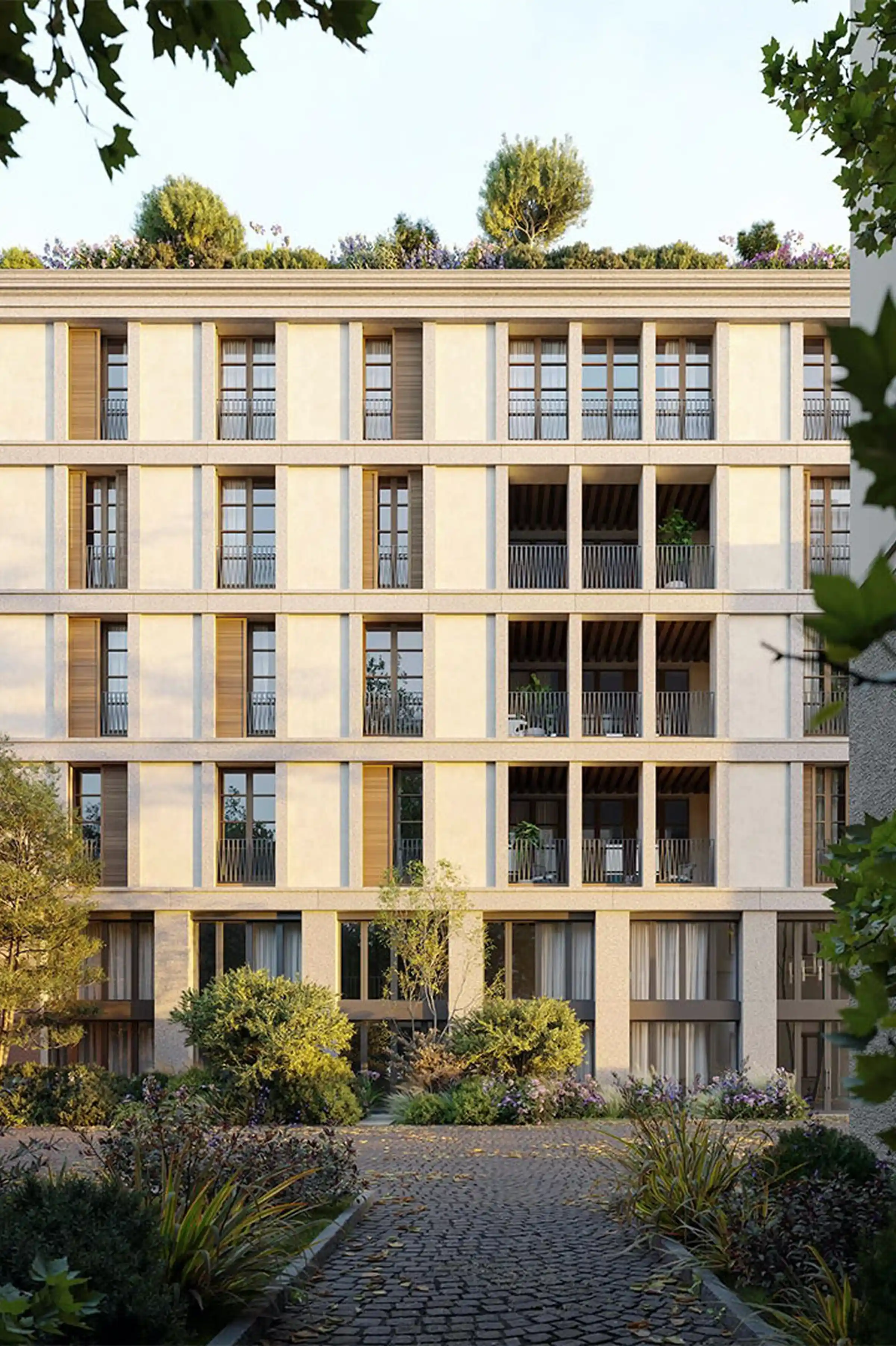 Render del cortile interno del palazzo di Via Sassi a Milano: facciata in Granito Bianco di Montorfano levigato con lesene verticali, infissi in legno, logge con soffitti a travetti e giardino con pavimentazione in sampietrini - progetto Arassociati, Trapattoni Marmi