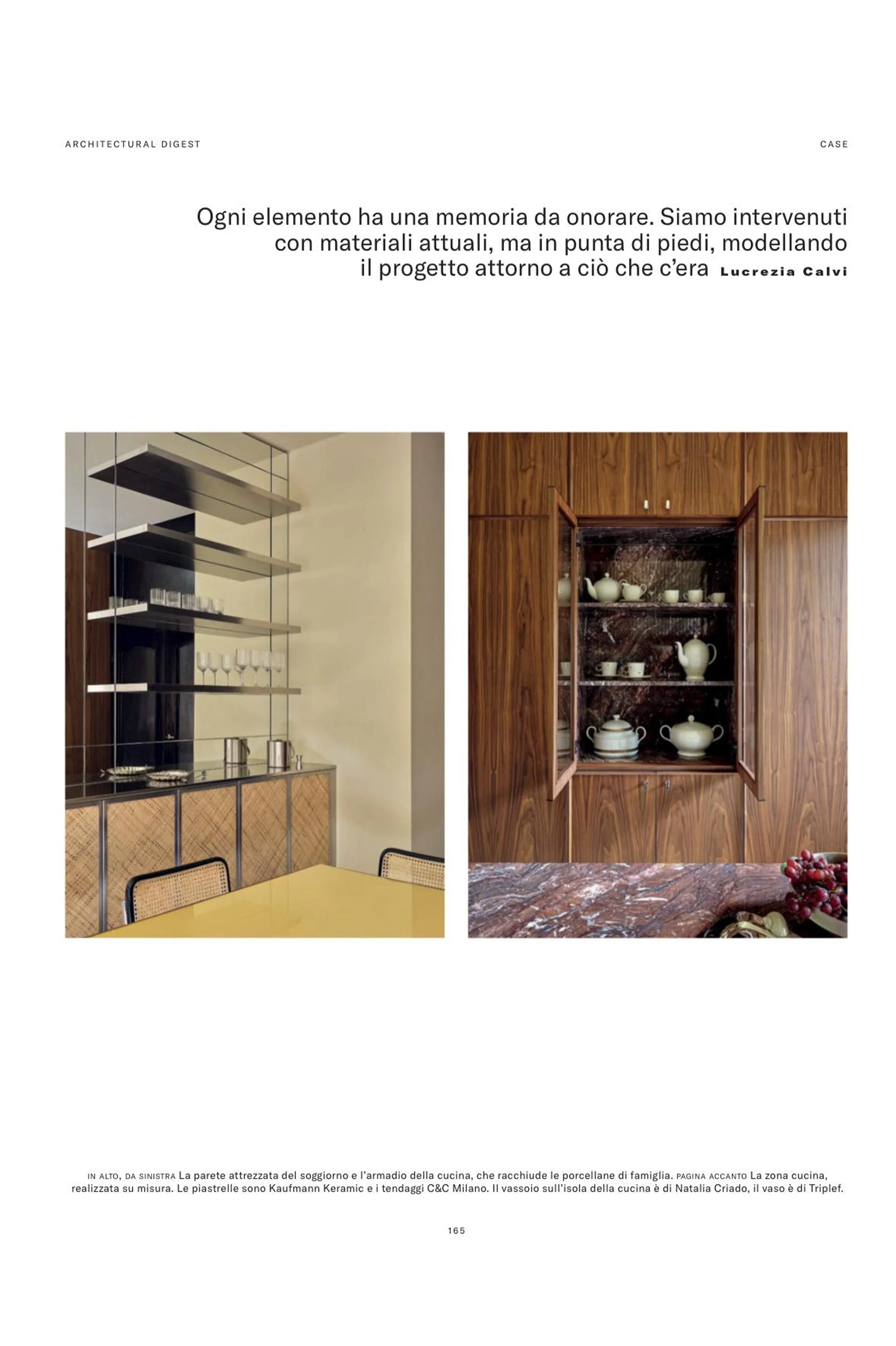 Articolo su Architectural Digest dedicato al progetto LC Navigli alla Conca del Naviglio a Milano: armadio cucina in noce con interno in Cipollino rosso-viola e piano isola in marmo - progetto LC Atelier di Lucrezia Calvi, lavorazione Trapattoni Marmi