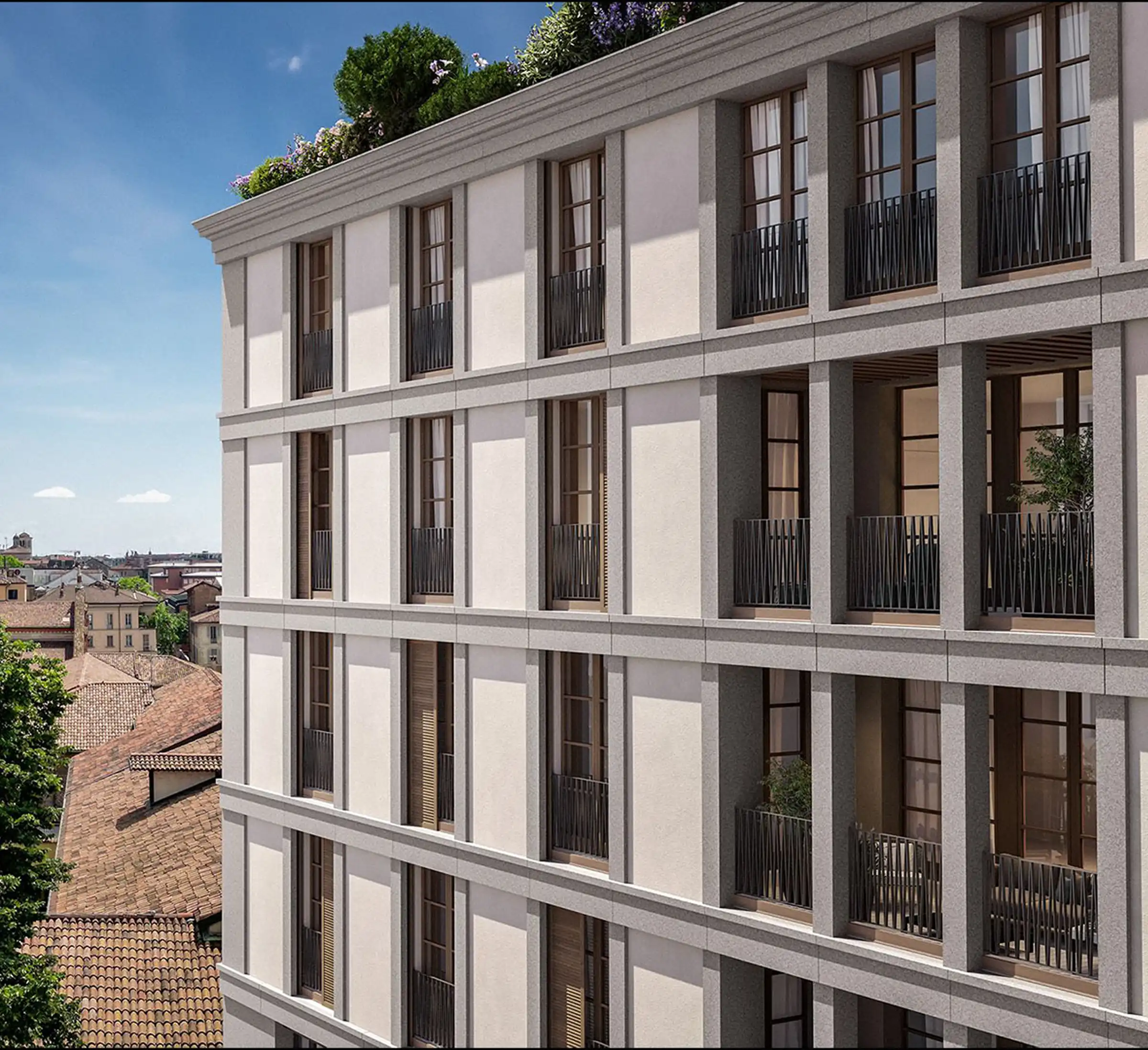 Rivestimento di facciata in Granito Bianco di Montorfano levigato e granigliato e spazi comuni in Emperador Light per storico palazzo in Via Sassi, Milano - Trapattoni Marmi, credits Arassociati